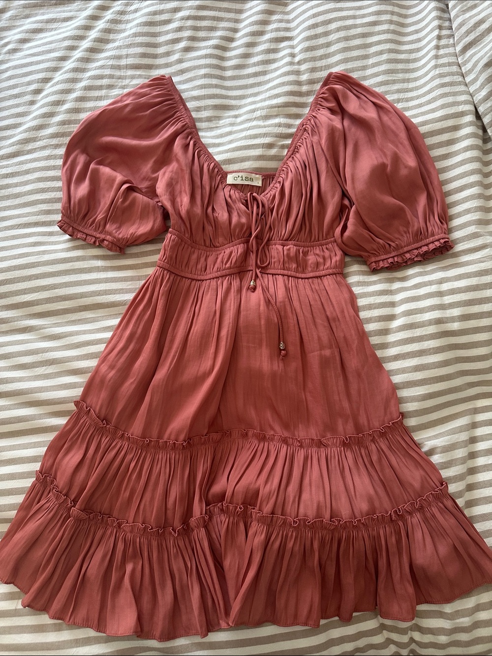 O'Lena Dusty Rose Tiered Puff Sleeve Dress